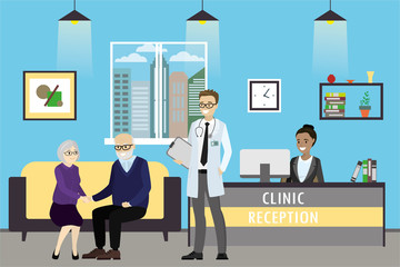 Clinic reception,old caucasian couple, doctor and lady on reception,
