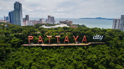 Aerial drone view of Pattaya City sign during beautiful summer day - obrazy, fototapety, plakaty