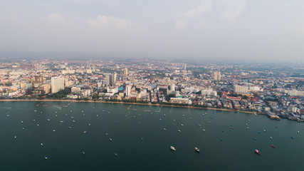 Obraz premium Skyline of Pattaya from aerial drone view, Pattaya city, Chonburi, Thailand