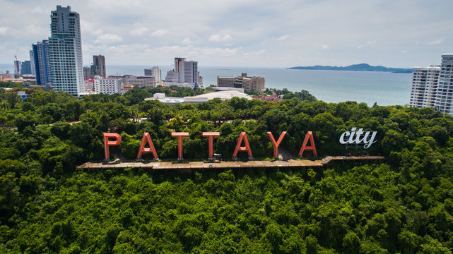 Aerial drone view of Pattaya City sign during beautiful summer day