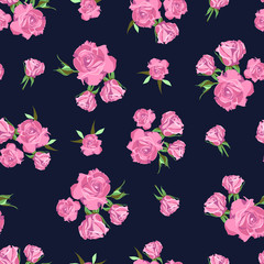 Seamless pattern on dark blue background. Rose flowers.