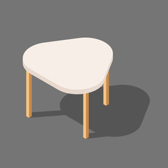 Wooden low table with three legs, triangular table for room, flat vector illustration isolated on white background, isometric