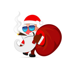 Santa Claus pulls a heavy bag full of gifts on winter landscape background.