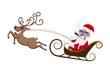 Santa Claus pulls a heavy bag full of gifts on winter landscape background.