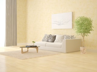 Mock up a modern living room with a compact sofa on the background of decorative plaster.