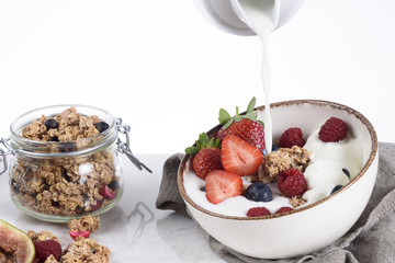 Granola with milk and berries