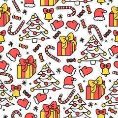Happy New Year. Vector background with gifts, lollipops, candys, xmas tree and bell. Hand drawn pattern with holiday design element. 