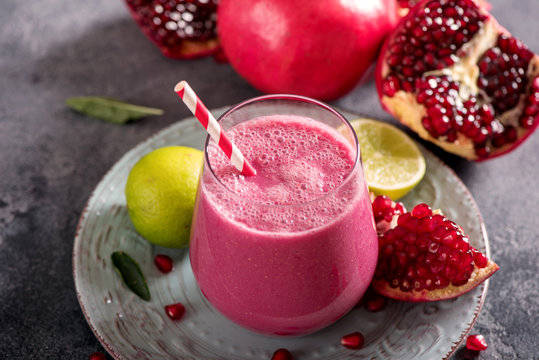 Pomegranate smoothie, healthy vegan vitamin drink with fresh ingredients