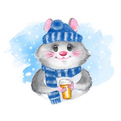 Cute cartoon mouse with coffee cup. Watercolor illustration 4