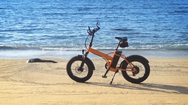 Closeup of Electric Bicycle on a Sandy Tropical Beach with Sound