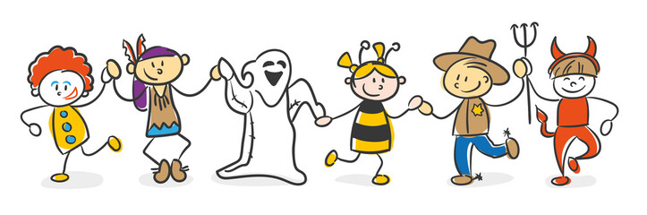 Strichfiguren Kinder bunt Karneval Halloween Verkleidung