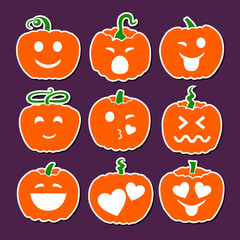 Set of various Halloween pumpkins. Emotional smiles of vector pumpkins.