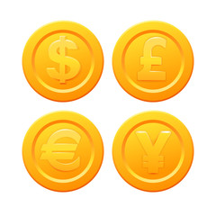 Set of stylized golden coin with currency symbols: dollar, euro, pound and yen signs. Stock vector illustration