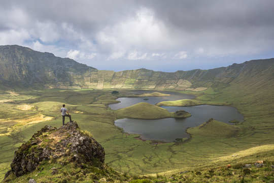 View of the massive crater on the small island of Corvo in the Azores, Portugal