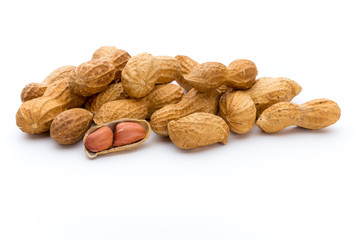 Dried peanuts on the white background.