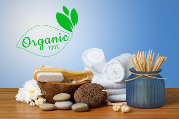 Composition of spa treatment on wooden table