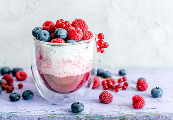 Dessert from yogurt with chia seeds, raspberries and blueberries