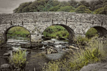 Fototapeta na wymiar Ancient Roman Bridge spanning the River Dart in Dartmoor, Devon
