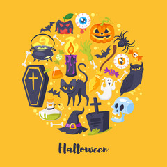 round composition of Halloween symbols