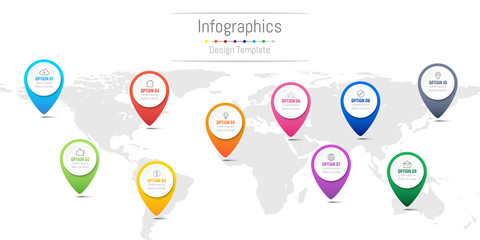 Infographic design elements for your business data with 10 options, parts, steps, timelines or processes, navigation pin concept. Vector Illustration. World map of this image furnished by NASA