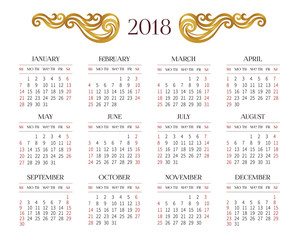 Vector calendar for 2018 on white background.