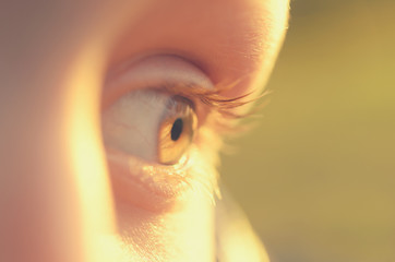 Blue eyes of a close-up boy look straight and in the side.