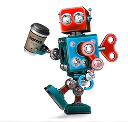 Retro robot walking with a cup of coffee. 3D illustration. Isolated. Contains clipping path
