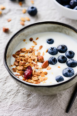 Yogurt with blueberries and granola in a bowl. Closeup view. Healthy eating, healthy snack diet fitness sport meal