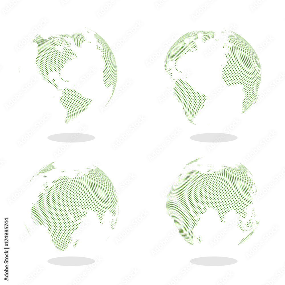 Poster abstract set of globes with dotted map. color vector illustration.