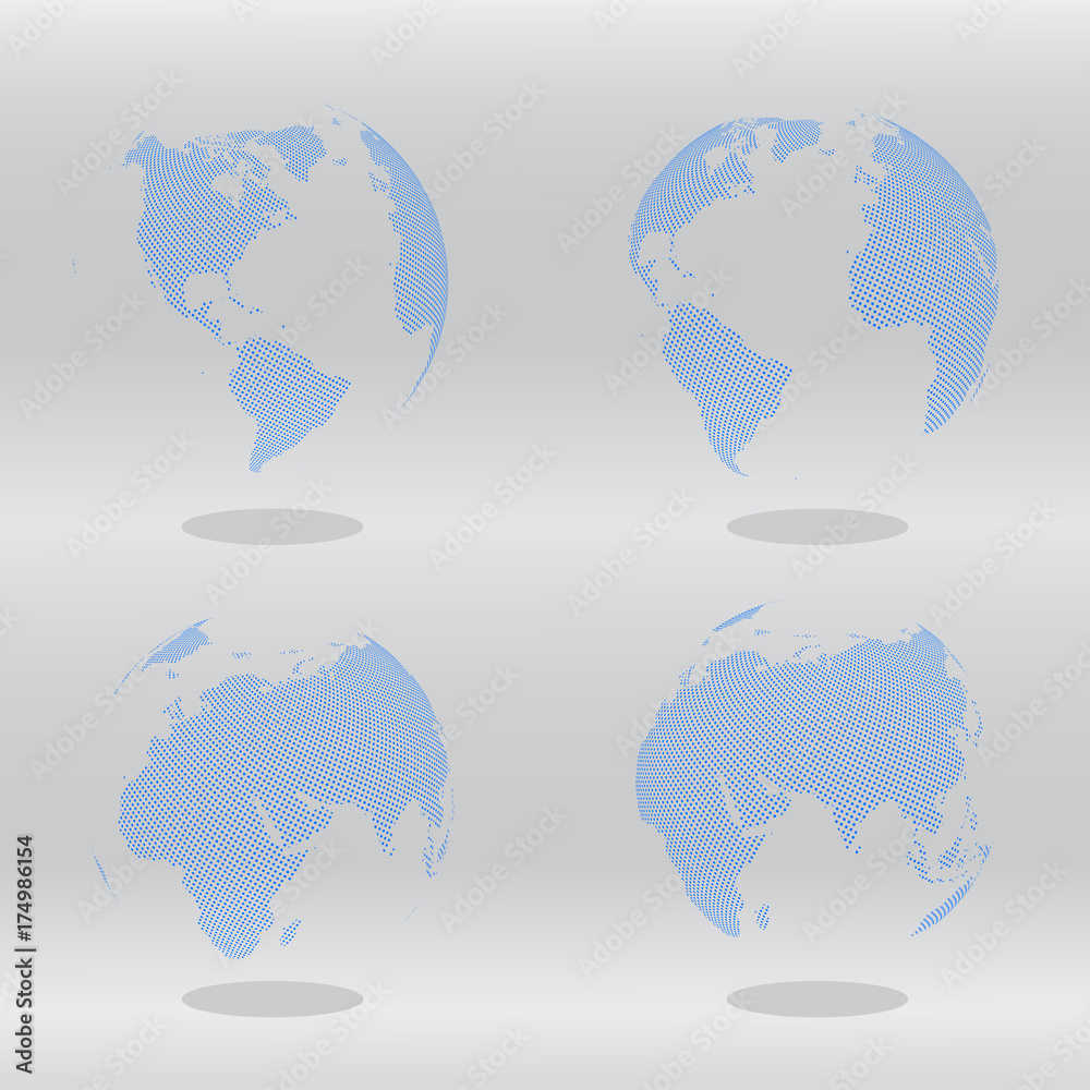 Poster abstract set of globes with dotted map. color vector illustration.