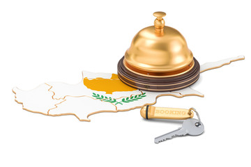 Cyprus booking concept. Flag with hotel key and reception bell, 3D rendering