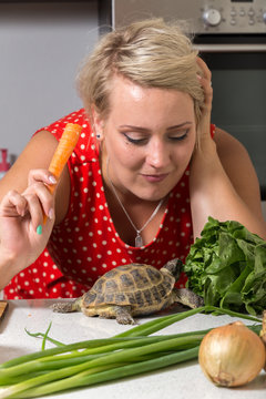 Tortoise eating roman salad while young woman chews carrot