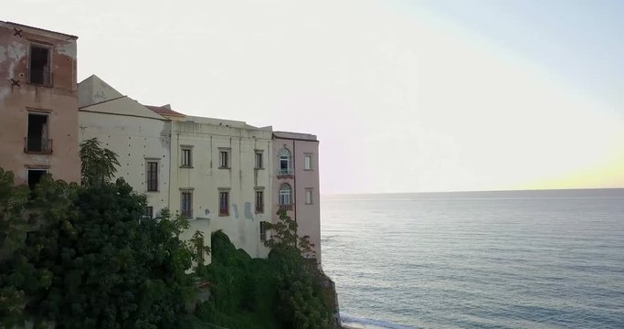 Aerial, drone view of the town Tropea in Calabria. Coast at the evening, sunset time.