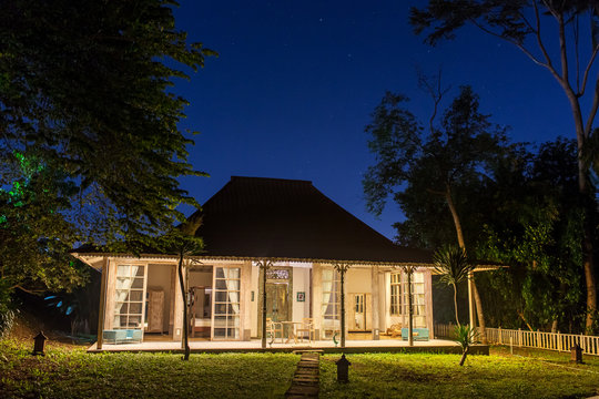 Cozy Tropical Balinese House With Lights At Night.