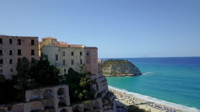 Aerial, drone view of the town Tropea in Calabria. Coast.