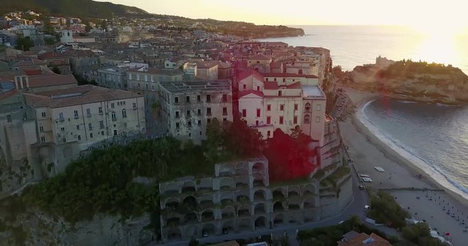Aerial, drone view of the town Tropea in Calabria. Coast at the evening, sunset time.