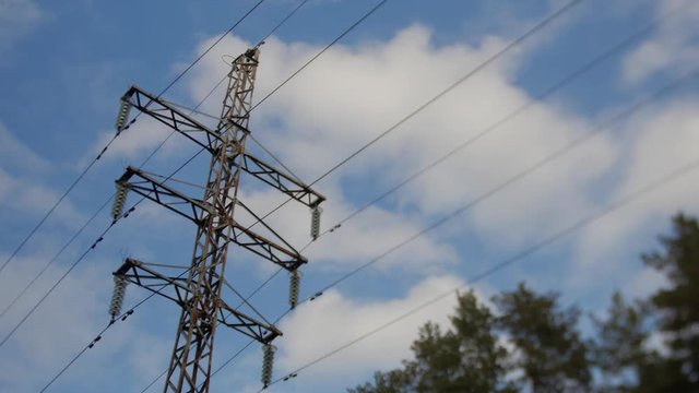 Electric pole in the blue sky, tilt shift lens, blurry image