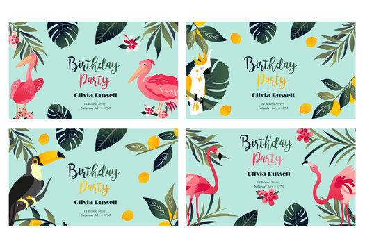 4 Tropical Hawaiian Posters with toucan, parrot, pelican and flamingo. Party template. Invitation, banner, card