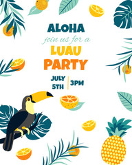Tropical Hawaiian Poster with toucan. Party template. Invitation, banner, card. - obrazy, fototapety, plakaty