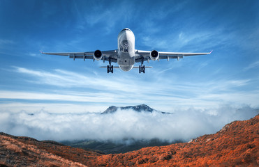 Airplane is flying over low clouds and mountains with autumn forest. Amazing landscape with passenger airplane, trees, mountains, blue cloudy sky. Passenger aircraft. Business travel. Commercial plane - obrazy, fototapety, plakaty