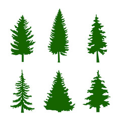 Naklejka na ściany i meble Set of Green Silhouettes of Pine Trees on White Background Vector illustration