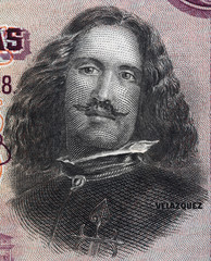 Diego Velazquez portrait on Spain 50 pesetas banknote (1928) close up macro. Genius Spanish painter.