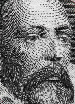 Miguel de Cervantes portrait on Spain 100 pesetas banknote (1928) closeup macro, great Spanish writer.