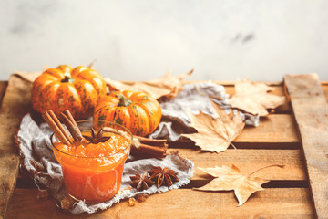 Fall autumn pumpkin jam confiture with spices, toned