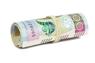 Polish banknotes of 500 PLN rolled with rubber