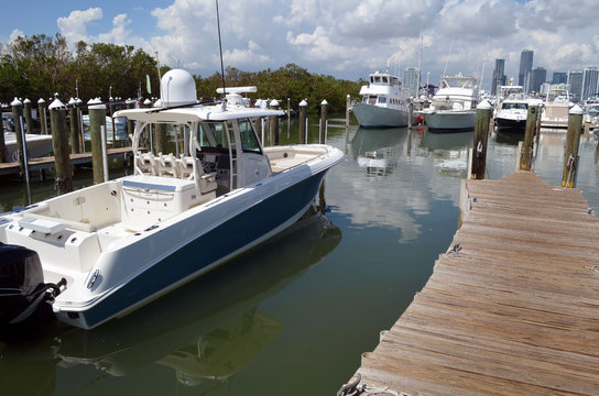 Sport fishing boat moored at a marina on Key Biscayne,Florida