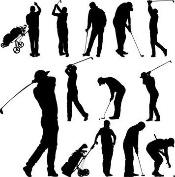 Golf players and equipment silhouettes - vector