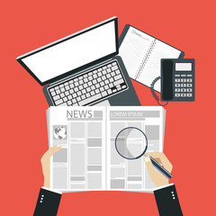 Man sitting at desk and reading newspapers. Concept for business news. Workplace with planning book, lap top and telephone. Flat vector illustration