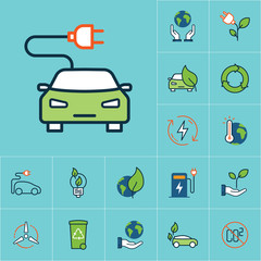 flat color electric car icon, green energy set