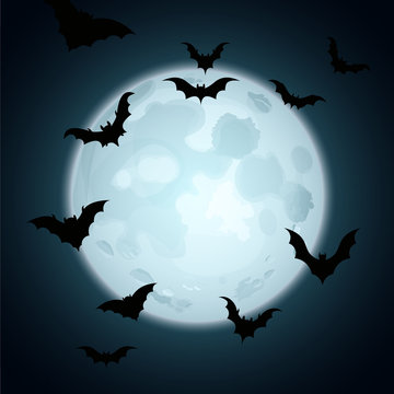 Halloween card with bats and moon.